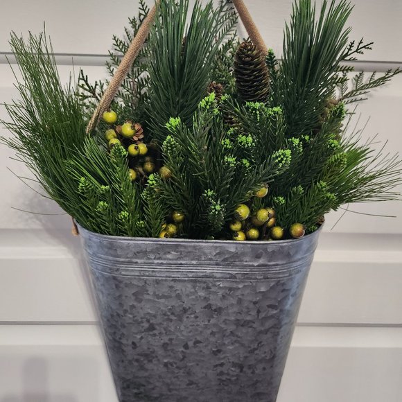 Faux Greenery and Berries in Galvanized Wall/Decor Pocket/Holiday Decor - Picture 1 of 10